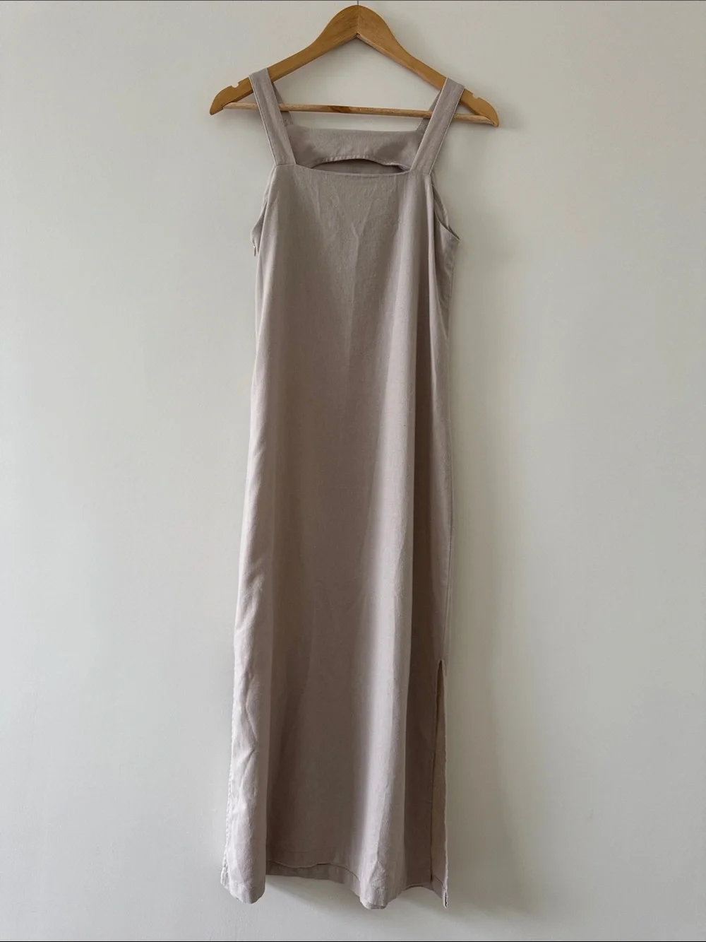 Commense Linen Blend Square Neck Maxi Dress Side Slits Beige Taupe XS Coastal - Picture 6 of 7